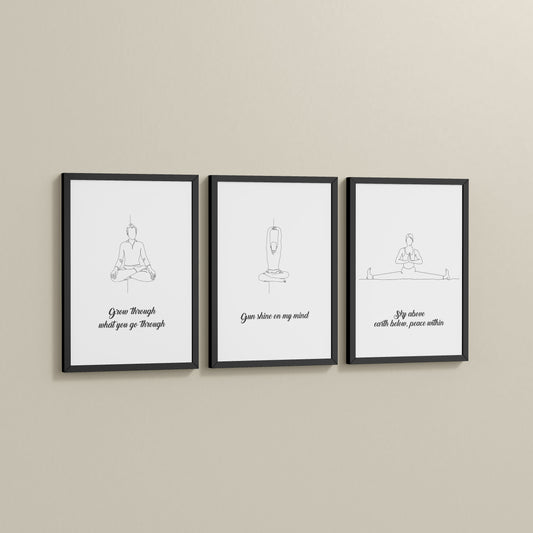 Side View of Mindful Mantras – Yoga Quote Line Art Wall Frame Set of 3 in Black Color Frame