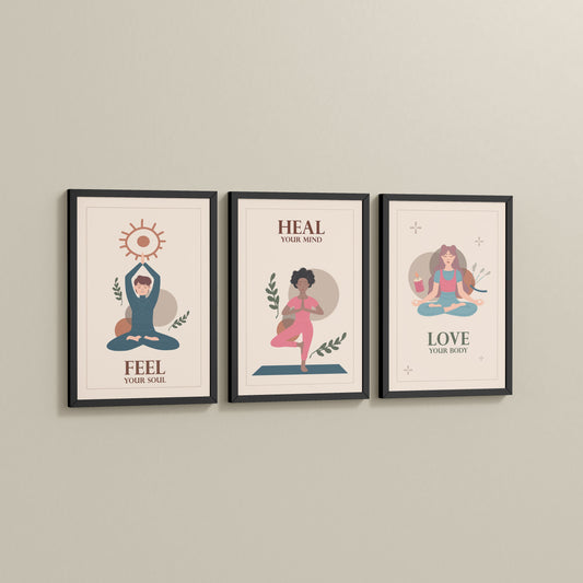 Side View of Feel, Heal & Love – Inspirational Yoga Set of 3 Frames in Black Color Frame