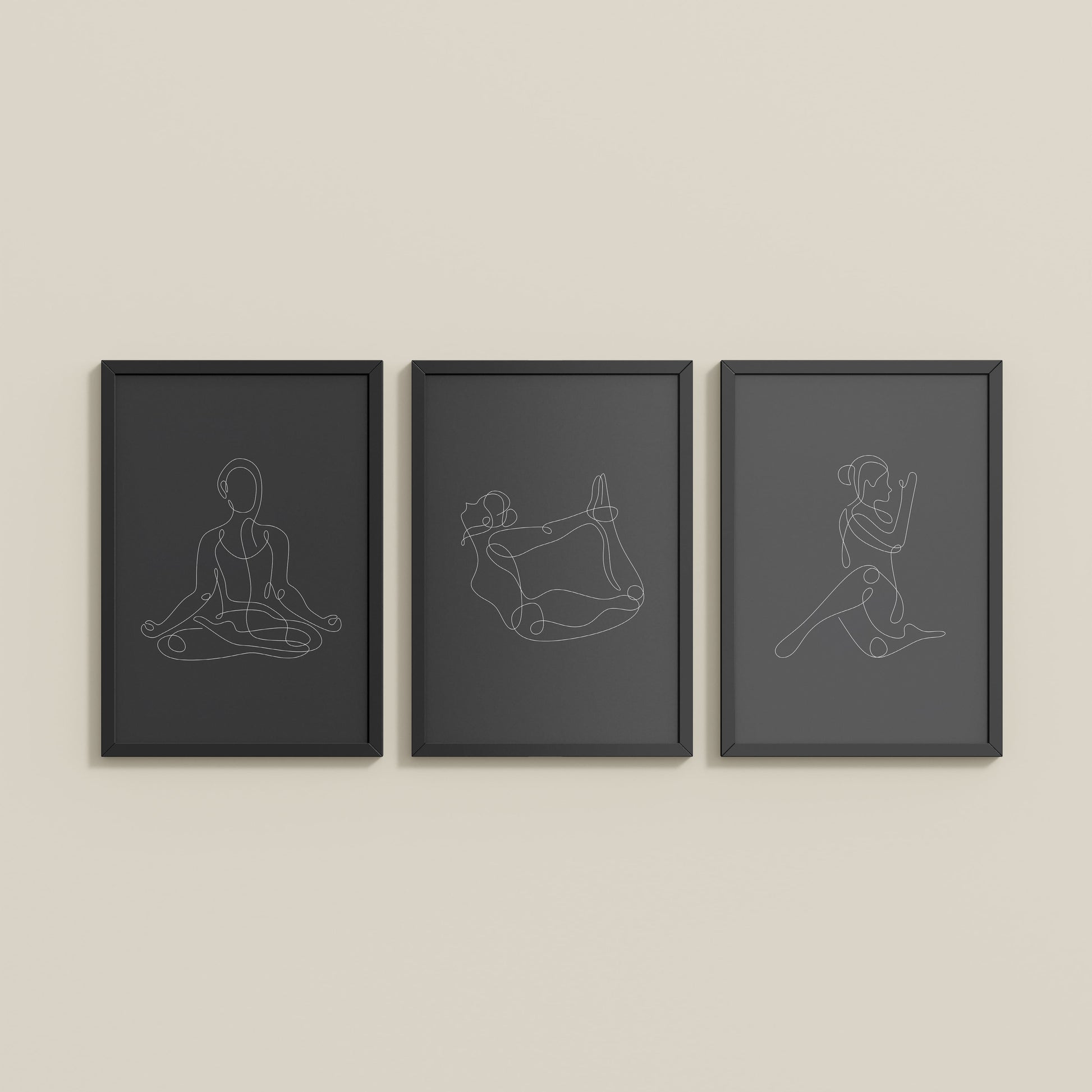Wall View of Grace in Motion – Minimalist Yoga Pose Line Art Set of 3 in Black Color Frame