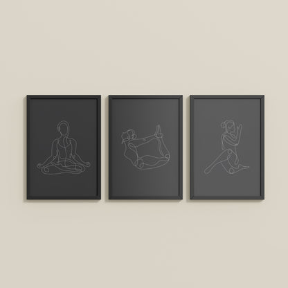 Wall View of Grace in Motion – Minimalist Yoga Pose Line Art Set of 3 in Black Color Frame