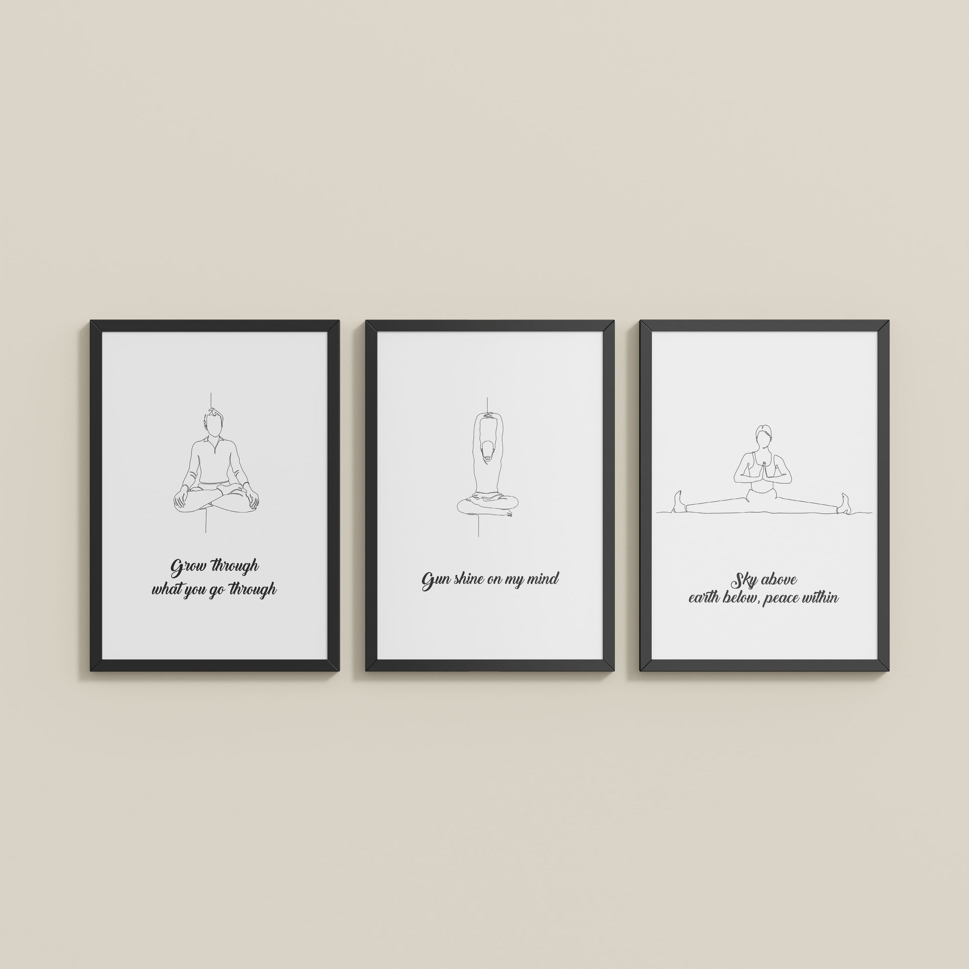 Wall View of Mindful Mantras – Yoga Quote Line Art Wall Frame Set of 3 in Black Color Frame