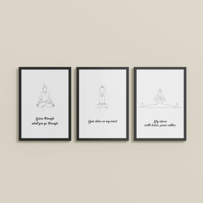 Wall View of Mindful Mantras – Yoga Quote Line Art Wall Frame Set of 3 in Black Color Frame