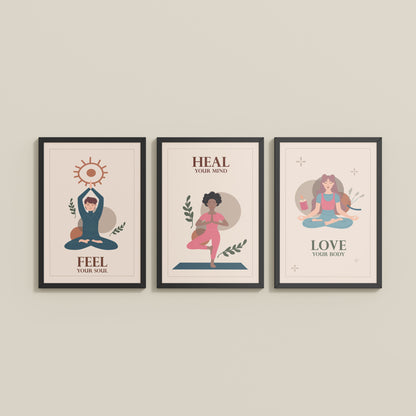 Wall View of Feel, Heal & Love – Inspirational Yoga Set of 3 Frames in Black Color Frame