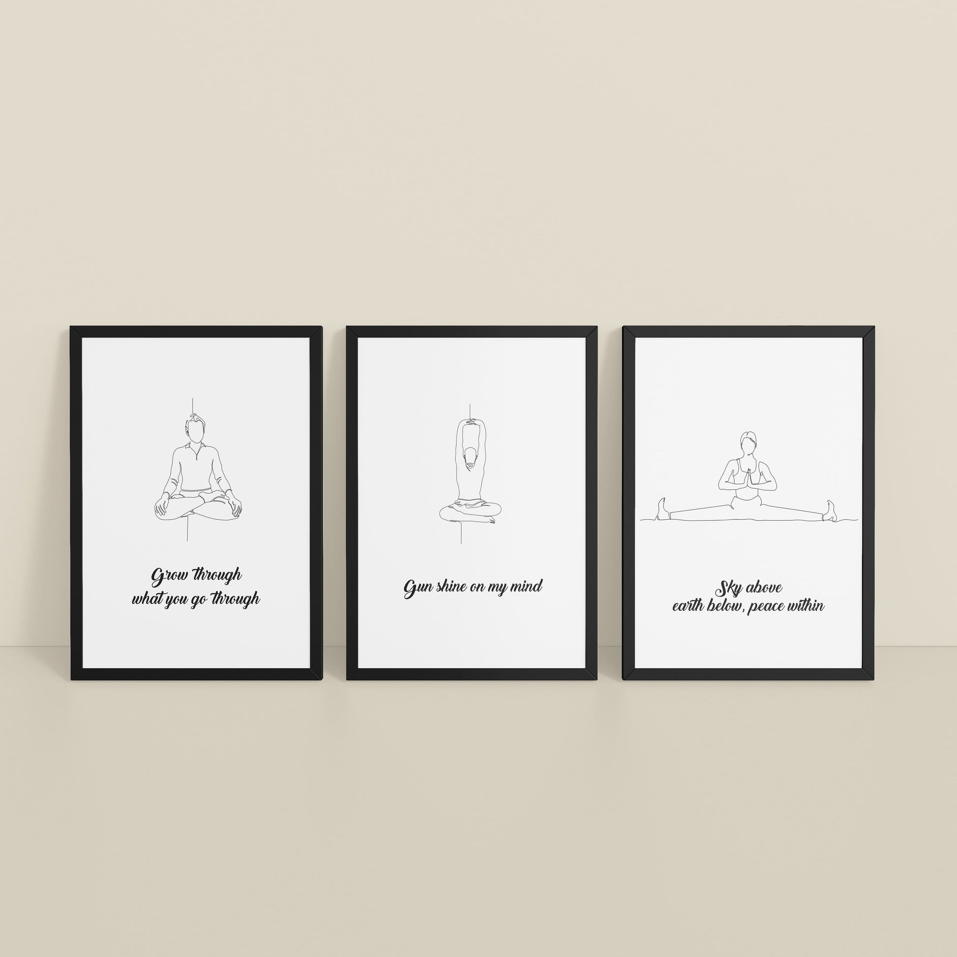Inclined Floor View of Mindful Mantras – Yoga Quote Line Art Wall Frame Set of 3 in Black Color Frame
