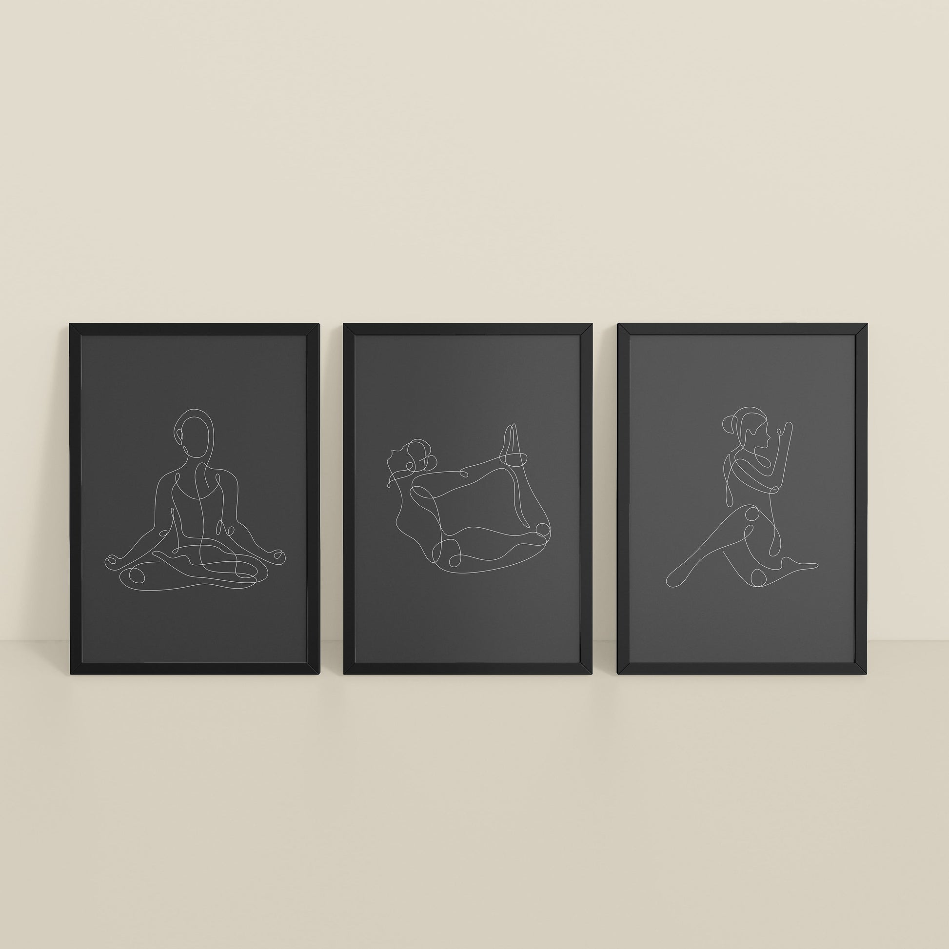 Inclined Floor View of Grace in Motion – Minimalist Yoga Pose Line Art Set of 3 in Black Color Frame