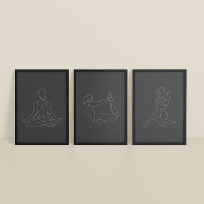 Inclined Floor View of Grace in Motion – Minimalist Yoga Pose Line Art Set of 3 in Black Color Frame