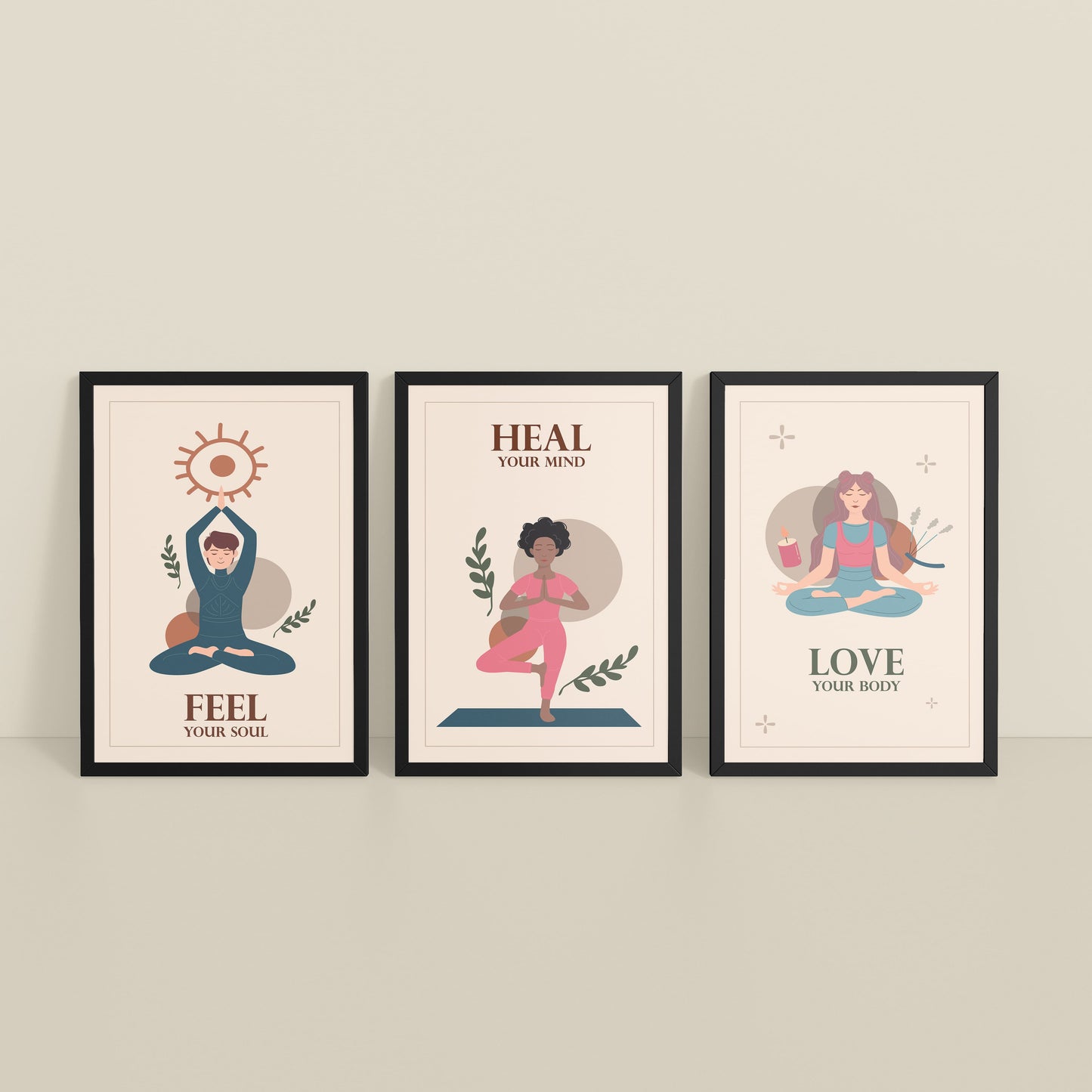 Inclined Floor View of Feel, Heal & Love – Inspirational Yoga Set of 3 Frames in Black Color Frame