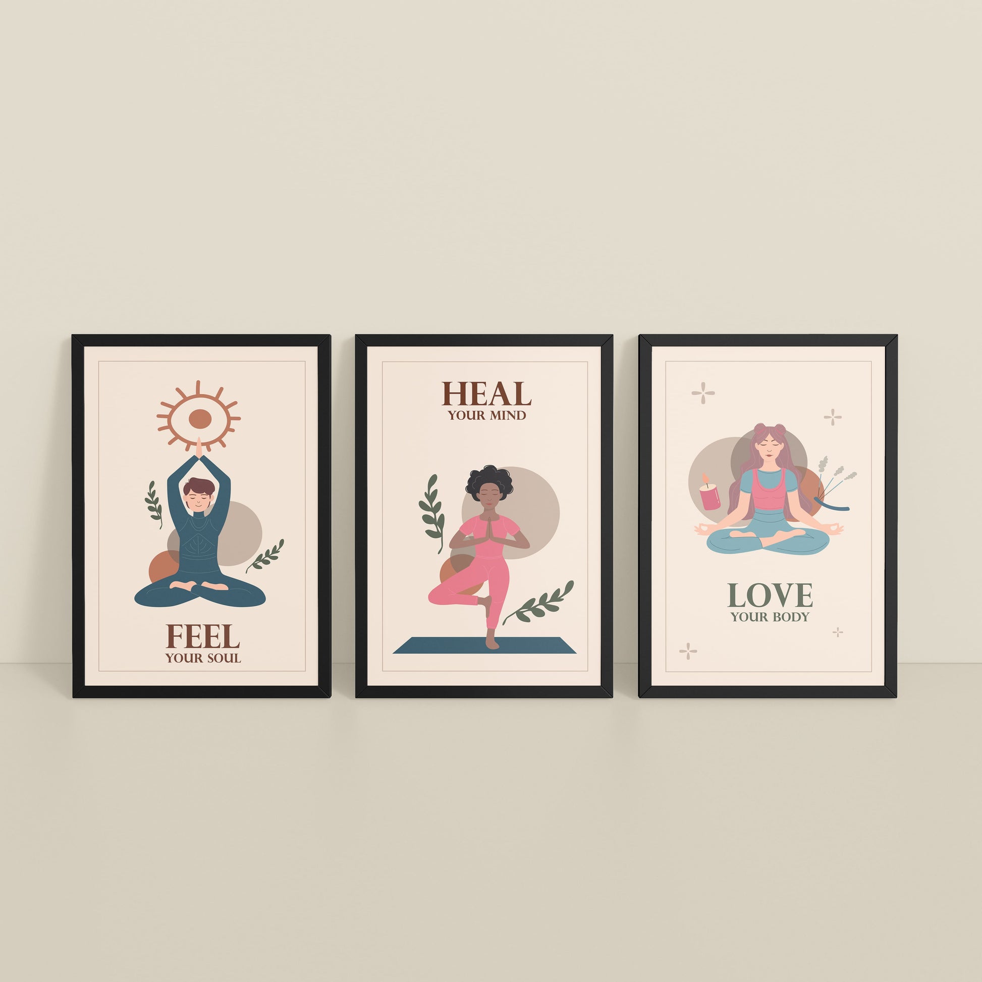 Inclined Floor View of Feel, Heal & Love – Inspirational Yoga Set of 3 Frames in Black Color Frame
