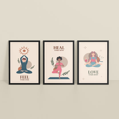 Inclined Floor View of Feel, Heal & Love – Inspirational Yoga Set of 3 Frames in Black Color Frame