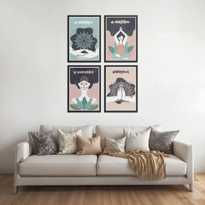 Bed Room Preview of Inner Peace & Meditation Wall Art Set of 4 Frames in Black Color Frame