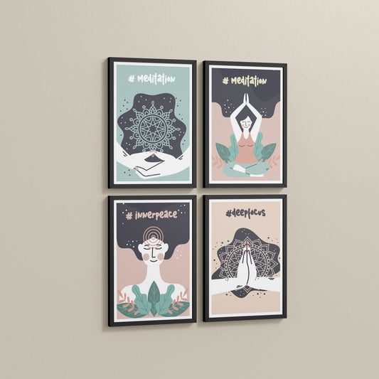 Side View of Inner Peace & Meditation Wall Art Set of 4 Frames in Black Color Frame