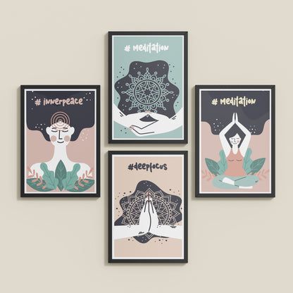 Inclined Floor View of Inner Peace & Meditation Wall Art Set of 4 Frames in Black Color Frame