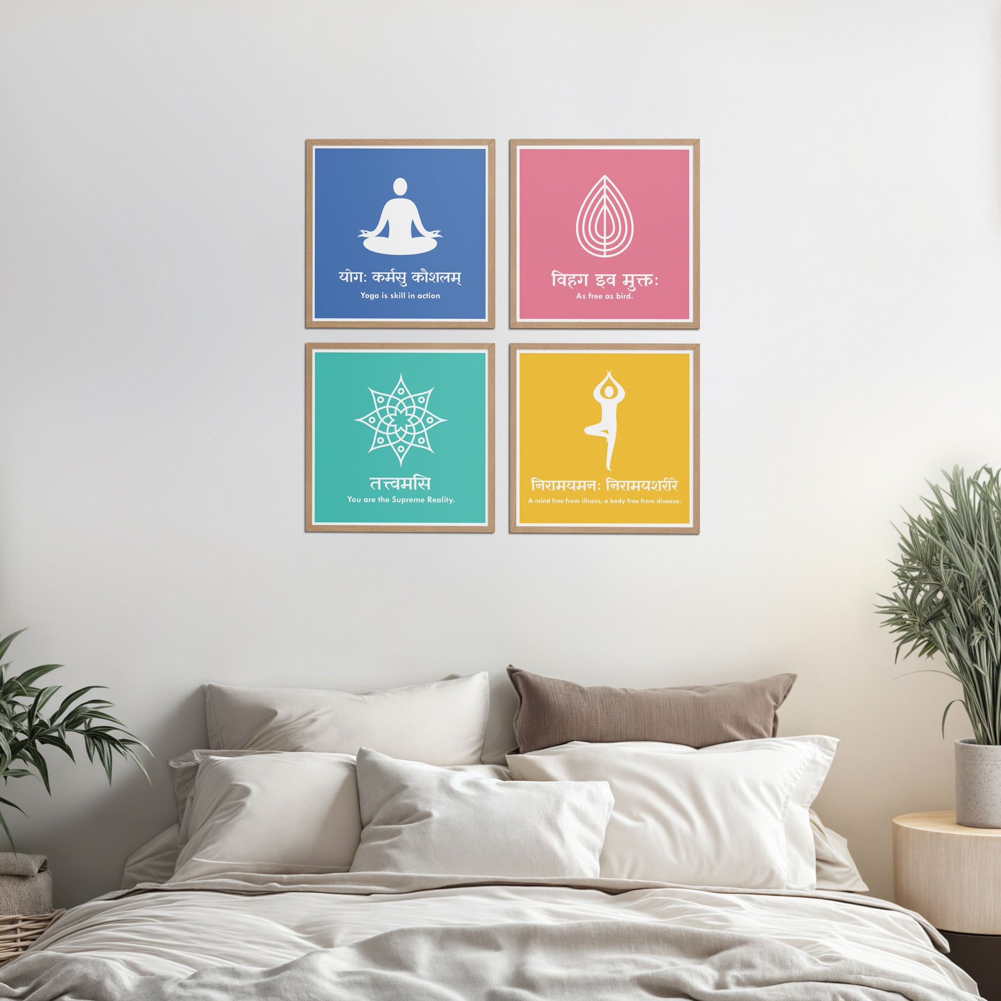 Bed Room Preview of Tranquil Vibes – Yoga and Sanskrit Motivational Set of 4 Frames in Natrual Color Frame