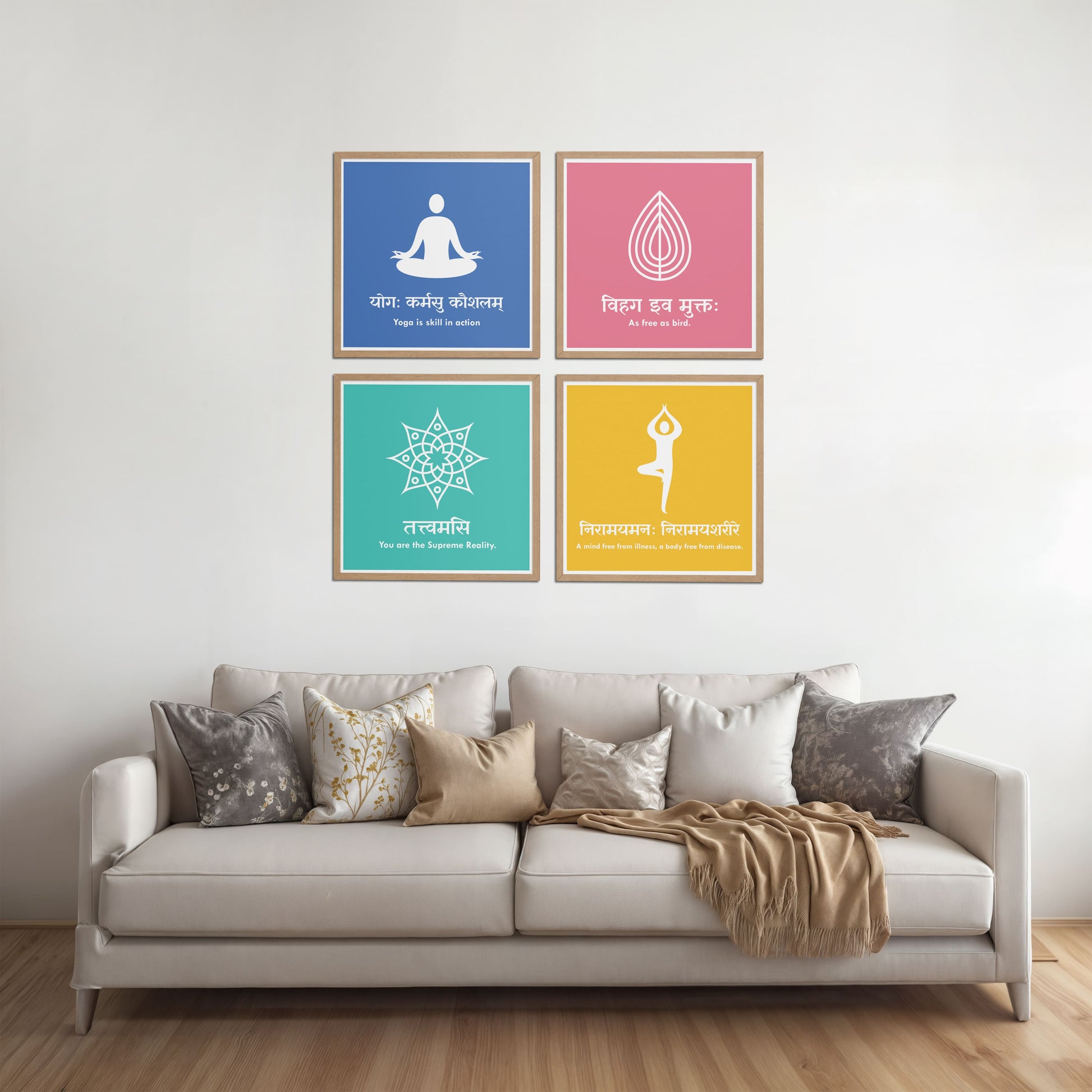 Living Room Sofa Preview of Tranquil Vibes – Yoga and Sanskrit Motivational Set of 4 Frames in Natrual Color Frame