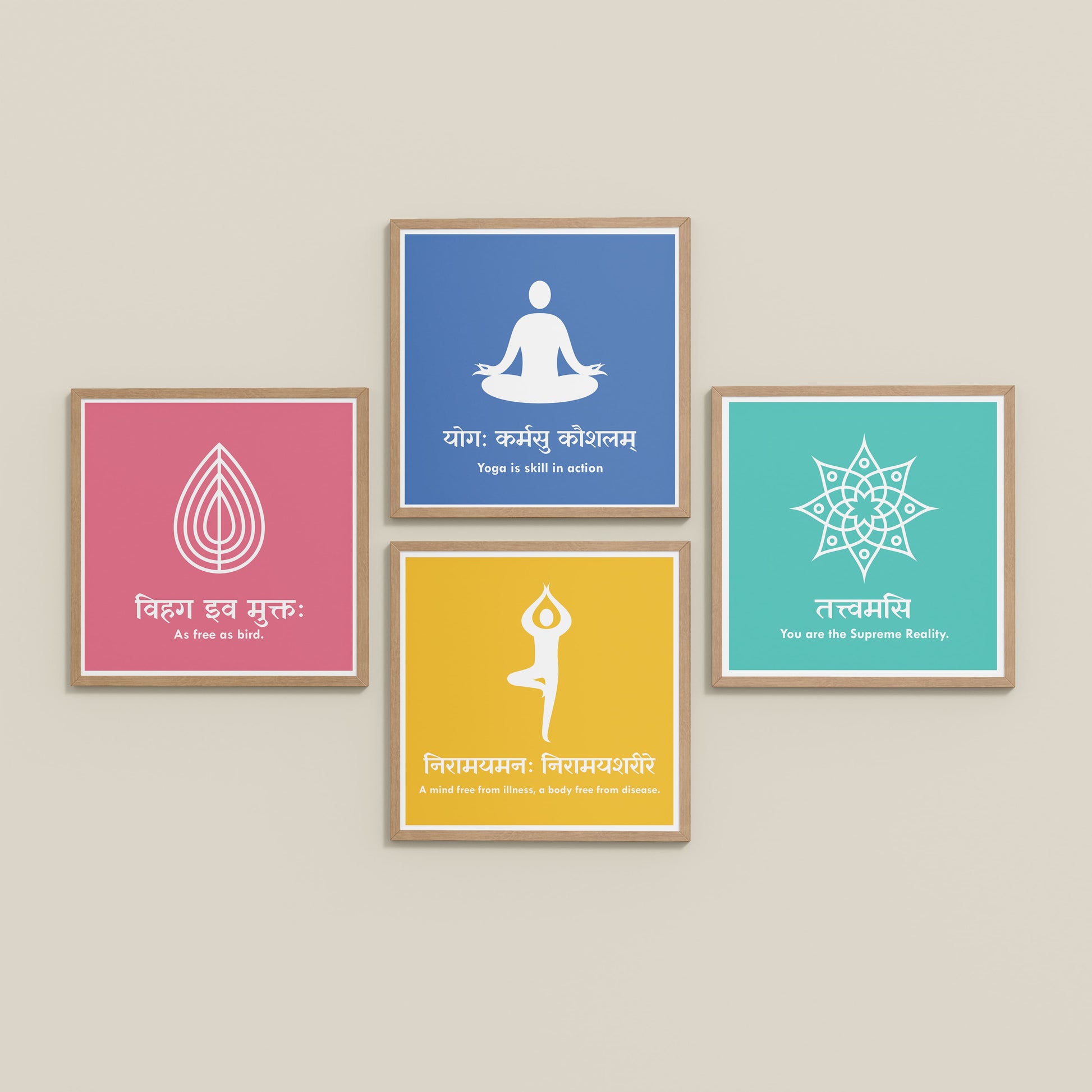 Inclined Floor View of Tranquil Vibes – Yoga and Sanskrit Motivational Set of 4 Frames in Natrual Color Frame