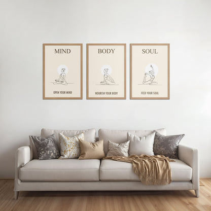 Living Room Sofa Preview of Mind, Body & Soul – Yoga Wall Art Set of 3 Frames in Natrual Color Frame