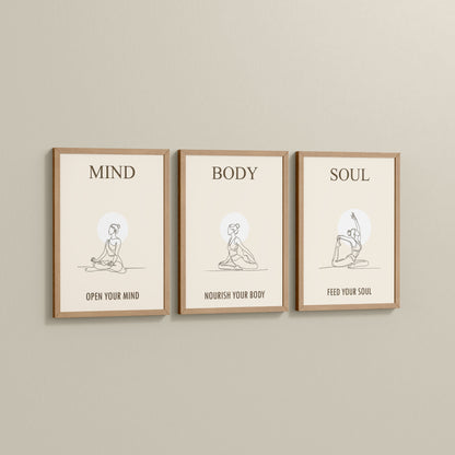 Side View of Mind, Body & Soul – Yoga Wall Art Set of 3 Frames in Natrual Color Frame