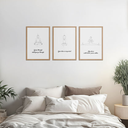 Bed Room Preview of Mindful Mantras – Yoga Quote Line Art Wall Frame Set of 3 in Natrual Color Frame