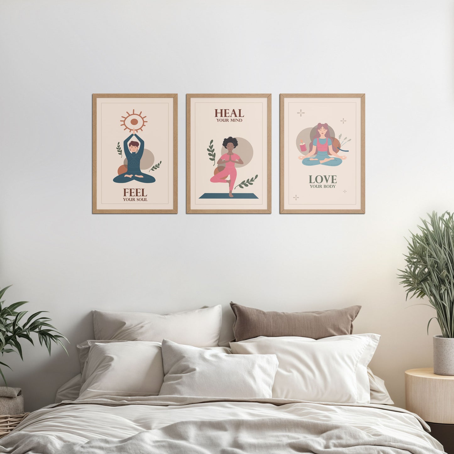 Bed Room Preview of Feel, Heal & Love – Inspirational Yoga Set of 3 Frames in Natrual Color Frame