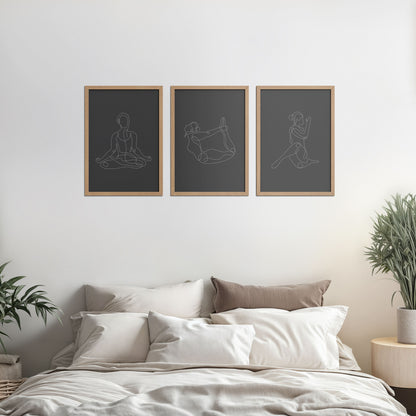 Bed Room Preview of Grace in Motion – Minimalist Yoga Pose Line Art Set of 3 in Natrual Color Frame