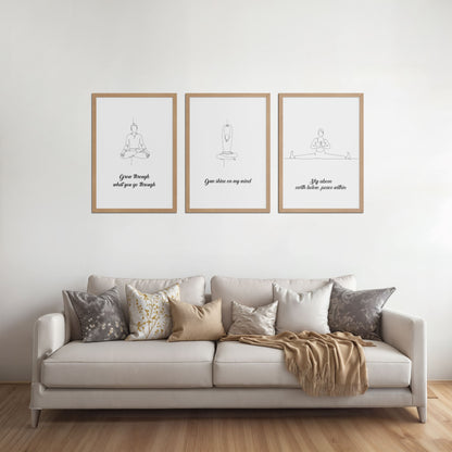 Living Room Sofa Preview of Mindful Mantras – Yoga Quote Line Art Wall Frame Set of 3 in Natrual Color Frame