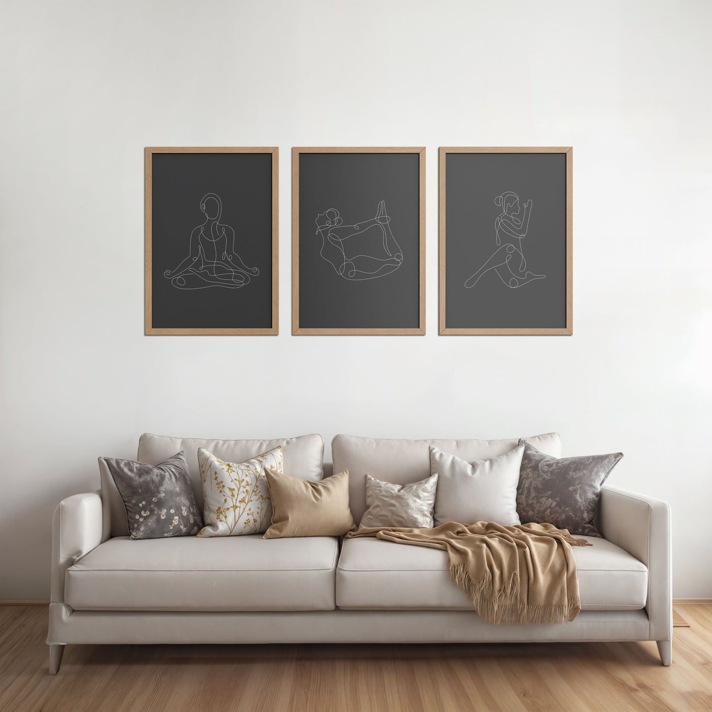 Living Room Sofa Preview of Grace in Motion – Minimalist Yoga Pose Line Art Set of 3 in Natrual Color Frame