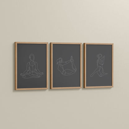 Side View of Grace in Motion – Minimalist Yoga Pose Line Art Set of 3 in Natrual Color Frame