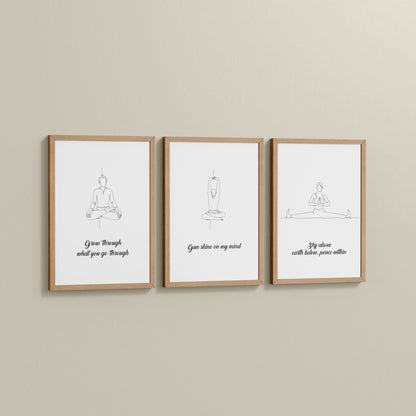 Side View of Mindful Mantras – Yoga Quote Line Art Wall Frame Set of 3 in Natrual Color Frame