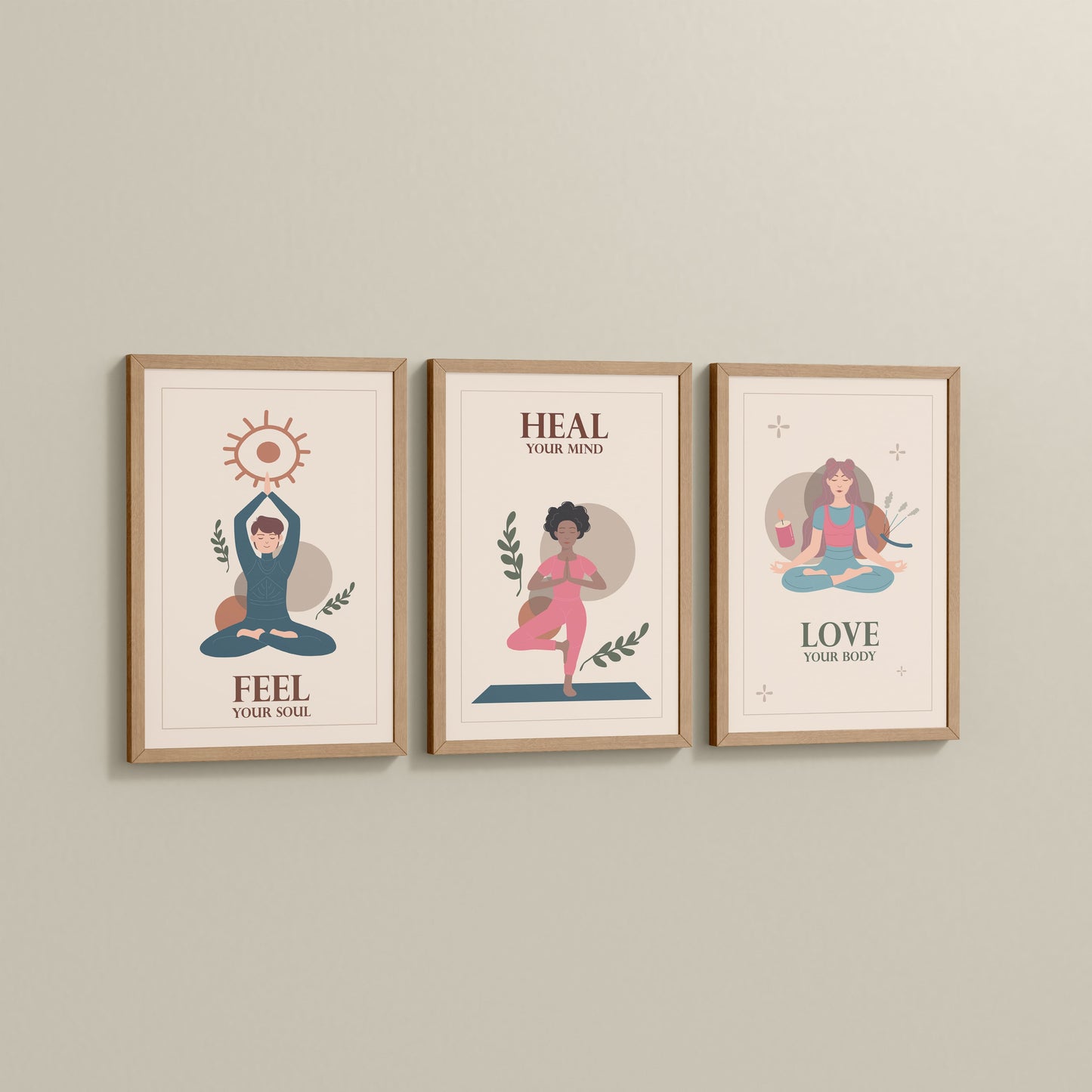 Side View of Feel, Heal & Love – Inspirational Yoga Set of 3 Frames in Natrual Color Frame