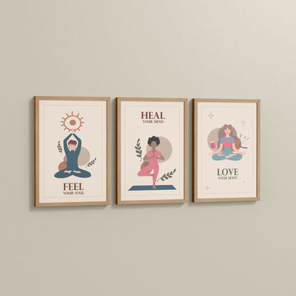 Side View of Feel, Heal & Love – Inspirational Yoga Set of 3 Frames in Natrual Color Frame