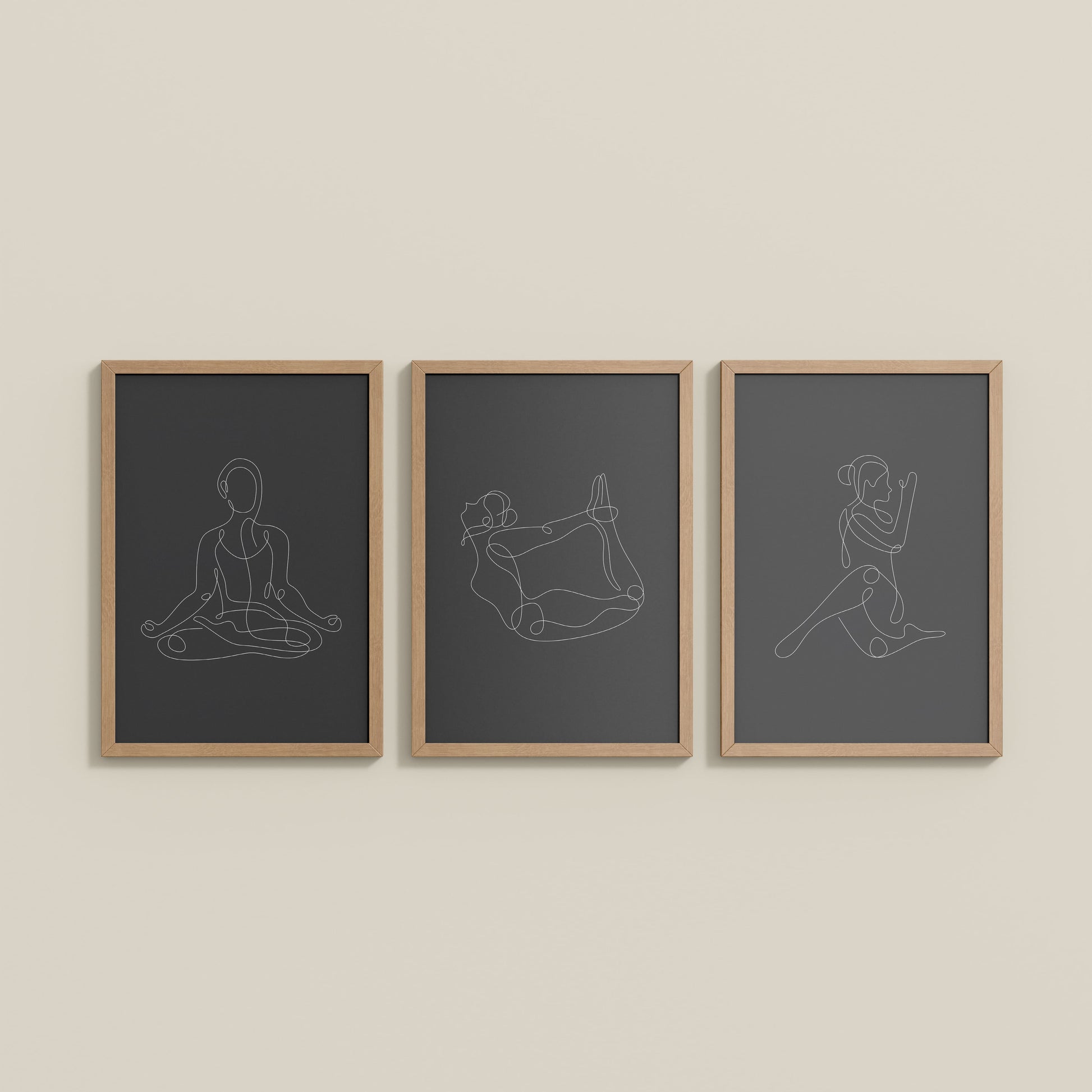 Wall View of Grace in Motion – Minimalist Yoga Pose Line Art Set of 3 in Natrual Color Frame