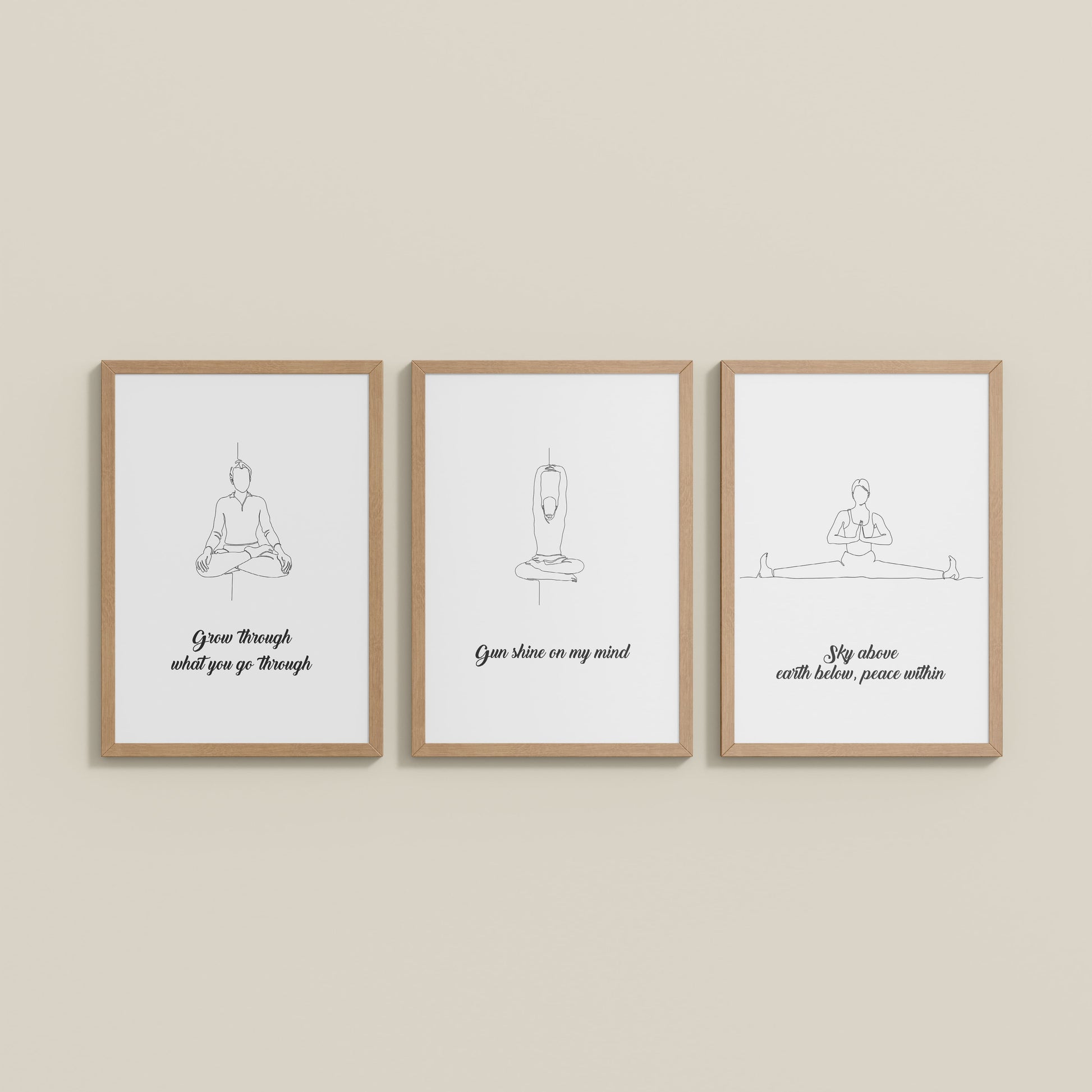 Wall View of Mindful Mantras – Yoga Quote Line Art Wall Frame Set of 3 in Natrual Color Frame