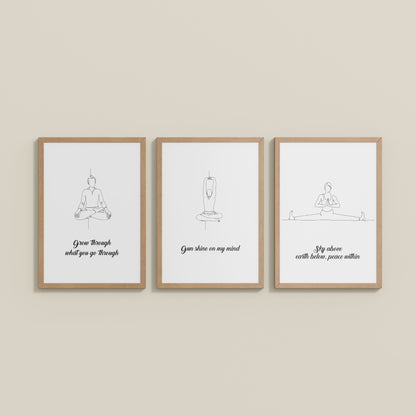 Wall View of Mindful Mantras – Yoga Quote Line Art Wall Frame Set of 3 in Natrual Color Frame