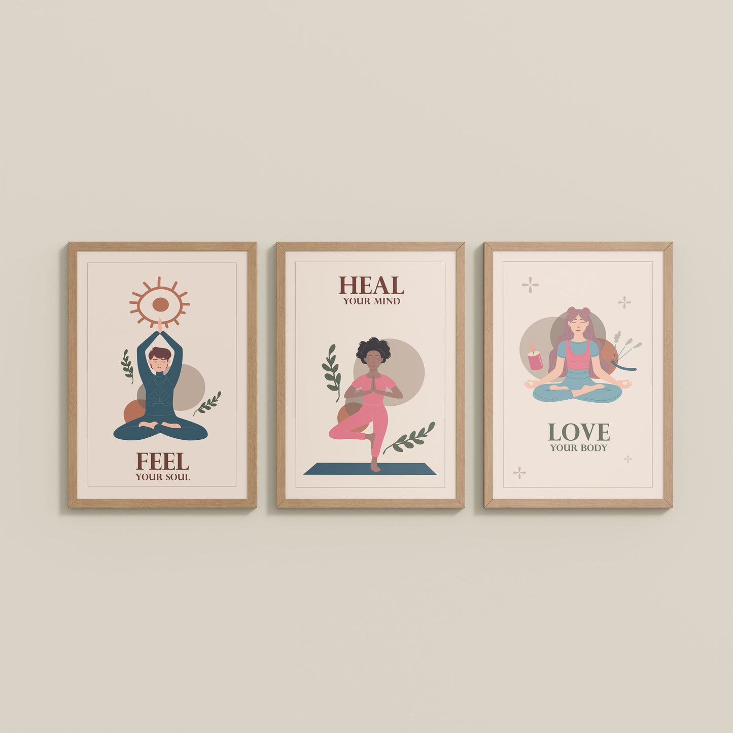 Wall View of Feel, Heal & Love – Inspirational Yoga Set of 3 Frames in Natrual Color Frame