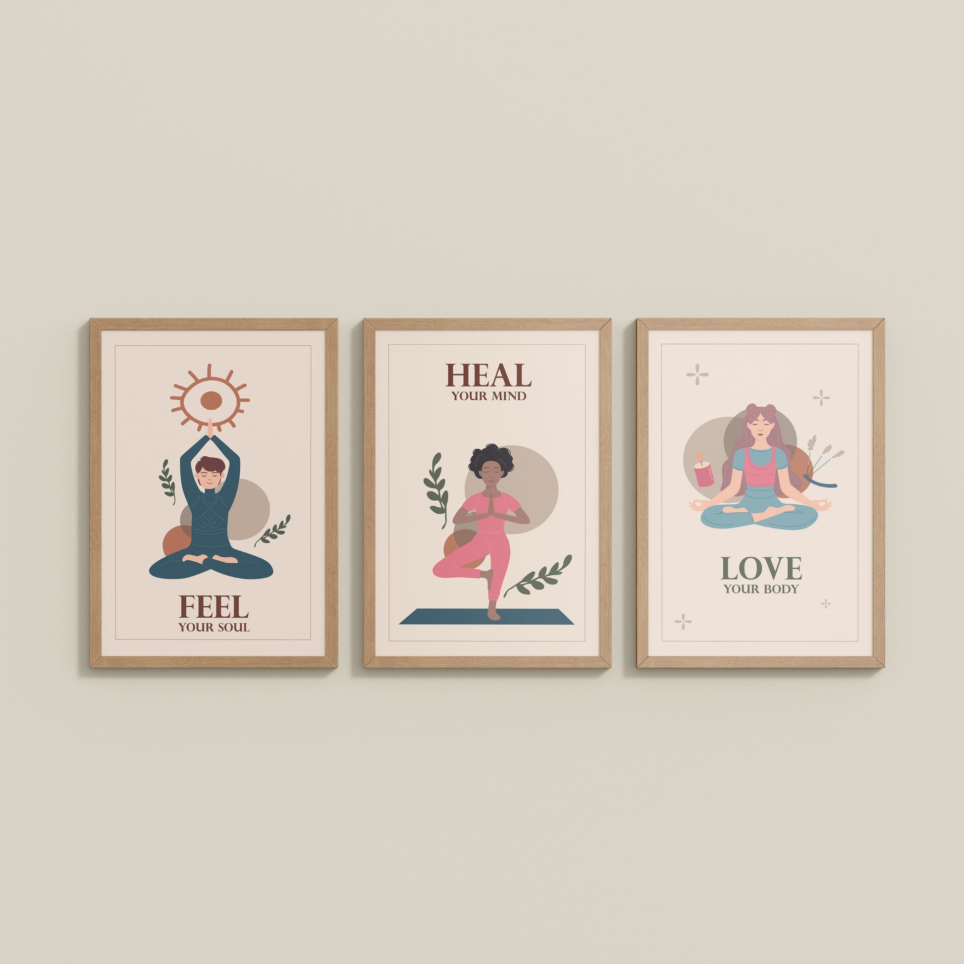 Wall View of Feel, Heal & Love – Inspirational Yoga Set of 3 Frames in Natrual Color Frame