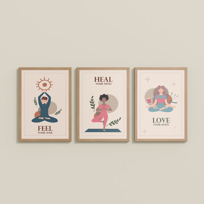 Wall View of Feel, Heal & Love – Inspirational Yoga Set of 3 Frames in Natrual Color Frame