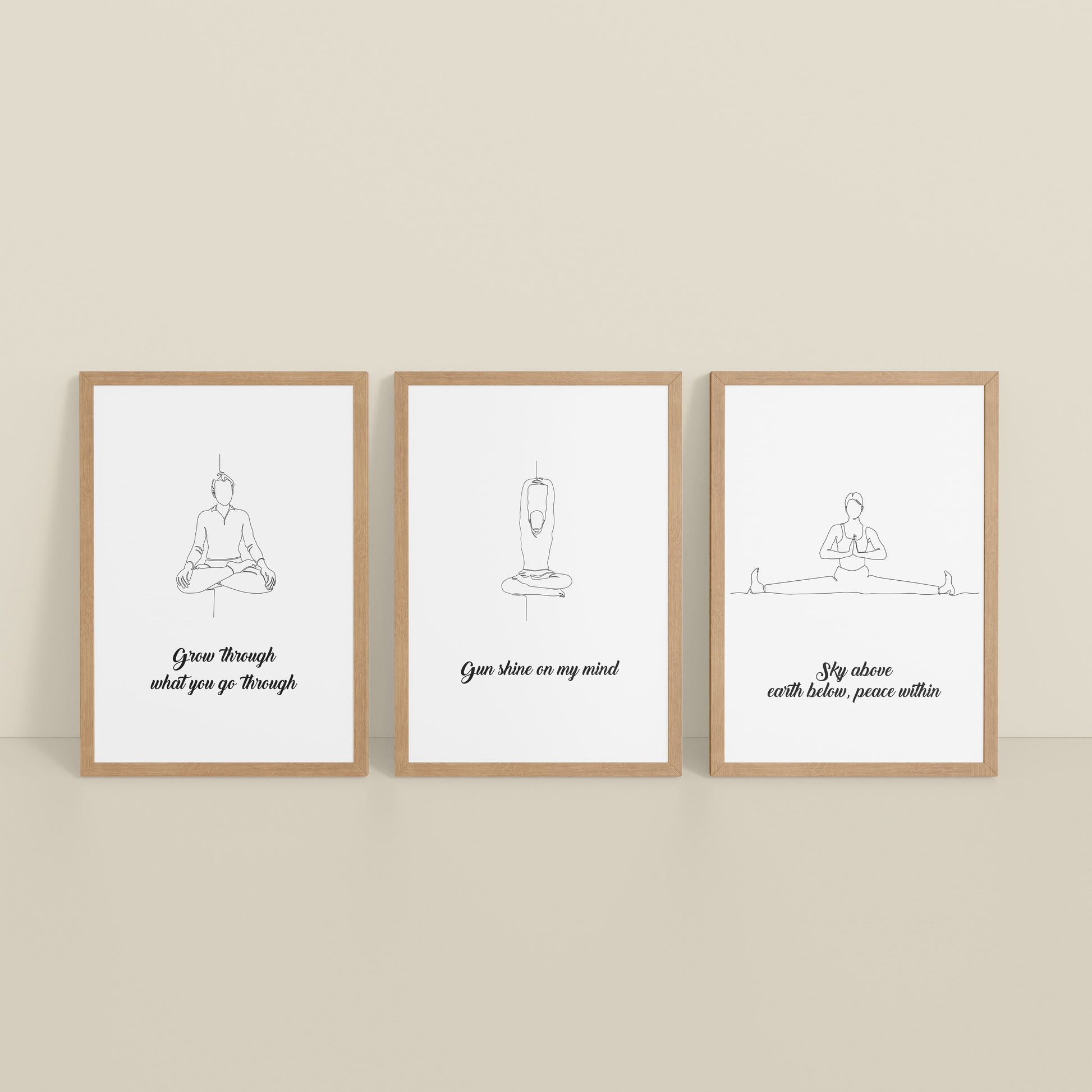 Inclined Floor View of Mindful Mantras – Yoga Quote Line Art Wall Frame Set of 3 in Natrual Color Frame