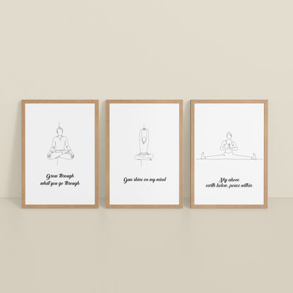 Inclined Floor View of Mindful Mantras – Yoga Quote Line Art Wall Frame Set of 3 in Natrual Color Frame