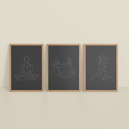 Inclined Floor View of Grace in Motion – Minimalist Yoga Pose Line Art Set of 3 in Natrual Color Frame