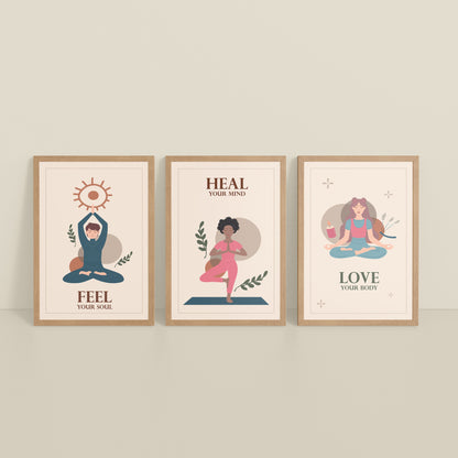 Inclined Floor View of Feel, Heal & Love – Inspirational Yoga Set of 3 Frames in Natrual Color Frame
