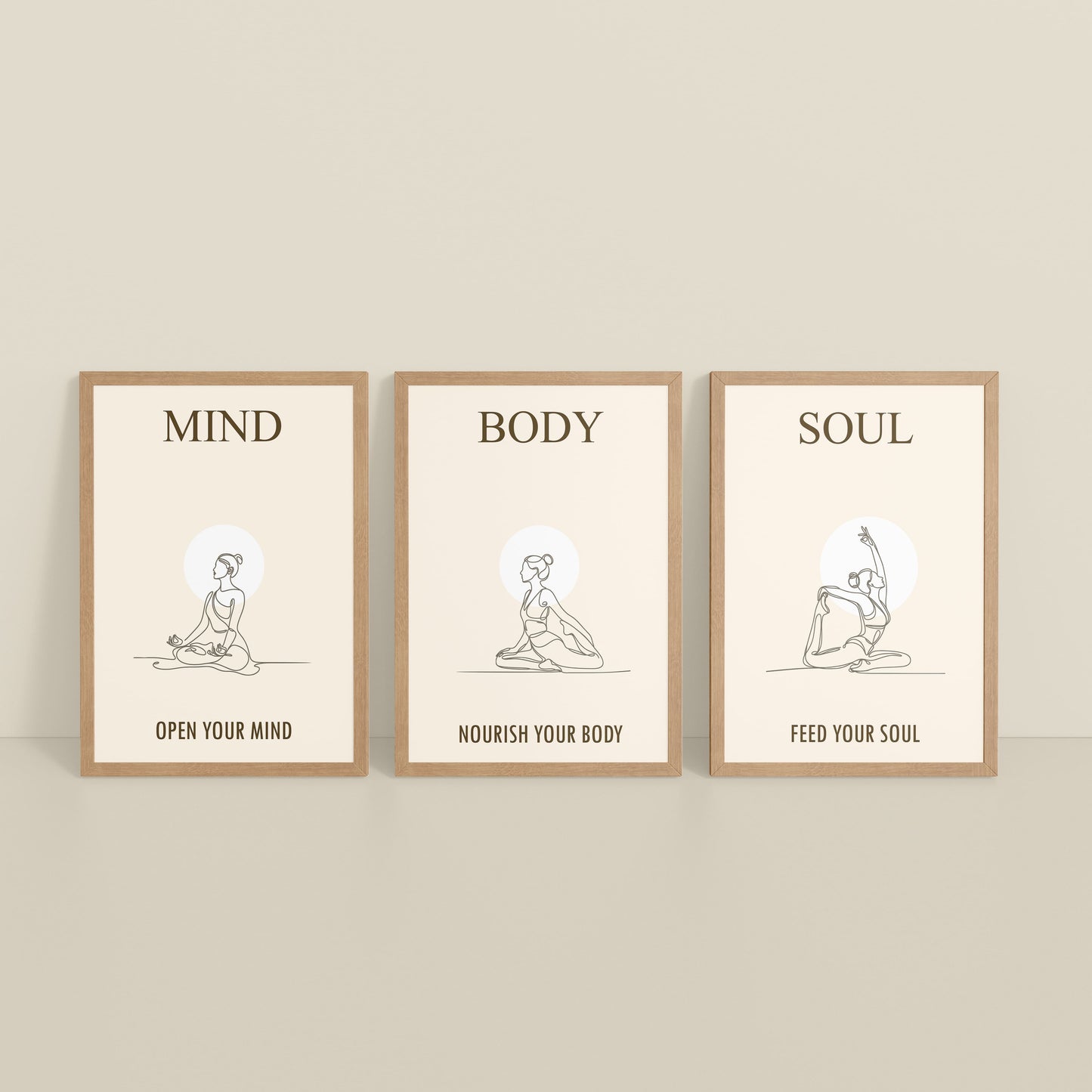 Inclined Floor View of Mind, Body & Soul – Yoga Wall Art Set of 3 Frames in Natrual Color Frame