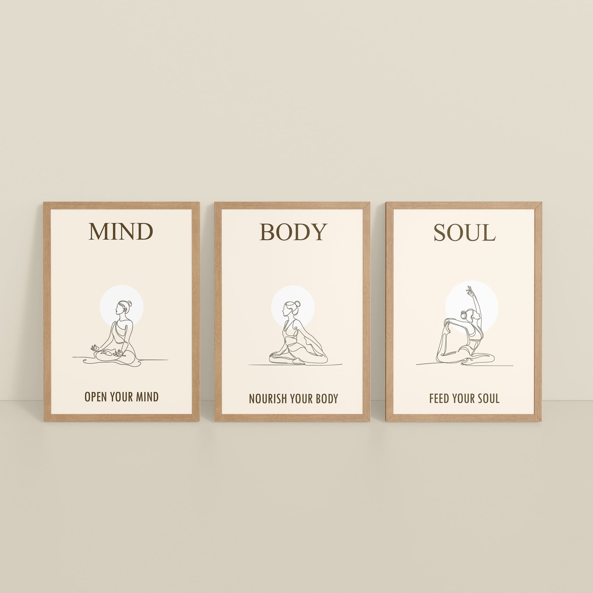 Inclined Floor View of Mind, Body & Soul – Yoga Wall Art Set of 3 Frames in Natrual Color Frame