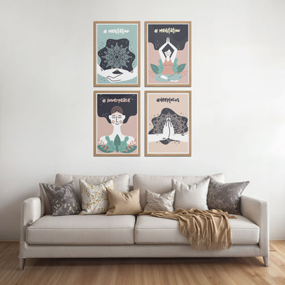 Bed Room Preview of Inner Peace & Meditation Wall Art Set of 4 Frames in Natrual Color Frame