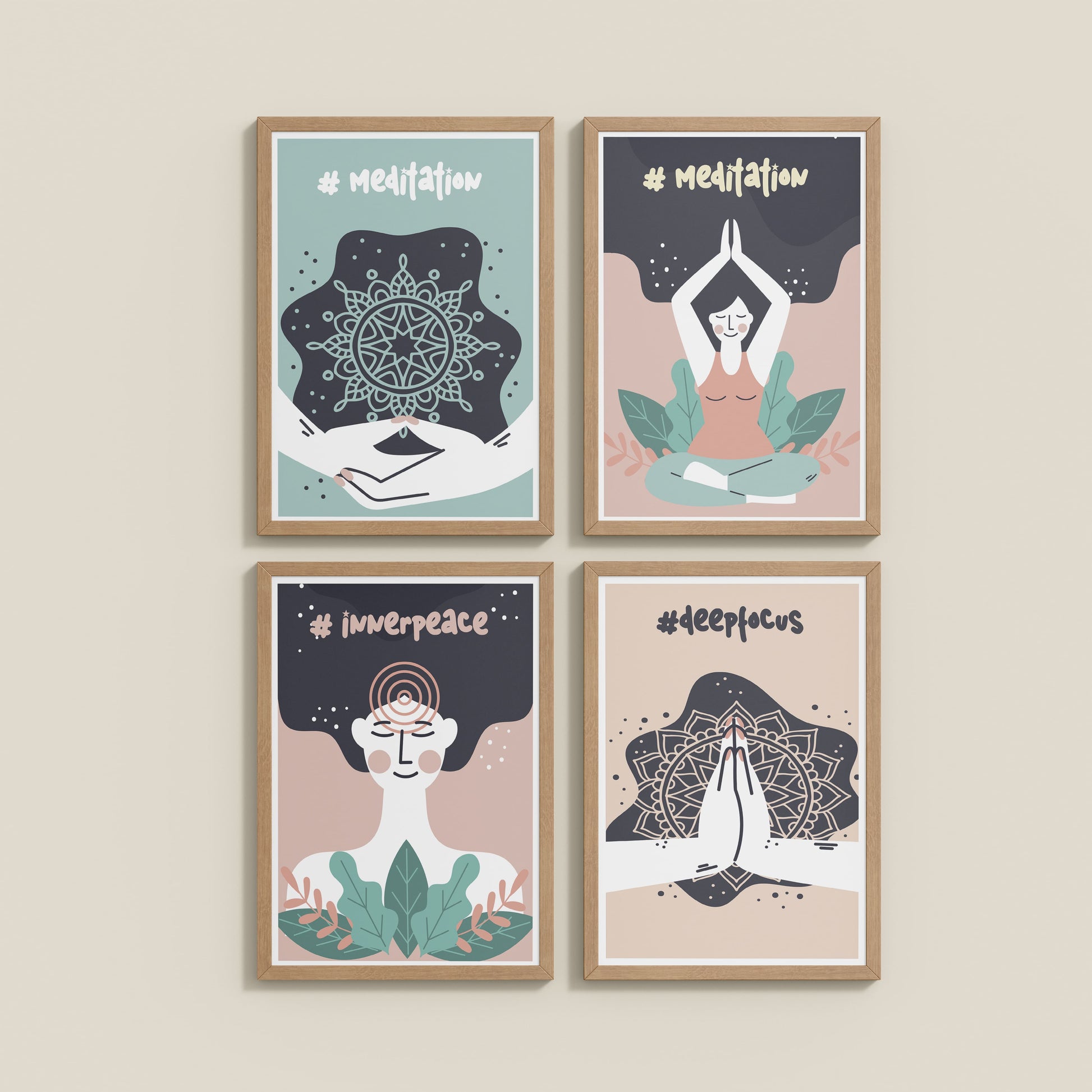 Wall View of Inner Peace & Meditation Wall Art Set of 4 Frames in Natrual Color Frame