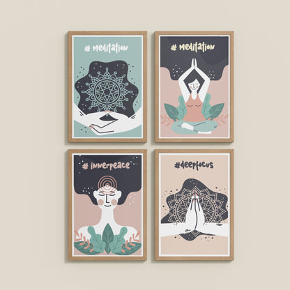 Wall View of Inner Peace & Meditation Wall Art Set of 4 Frames in Natrual Color Frame