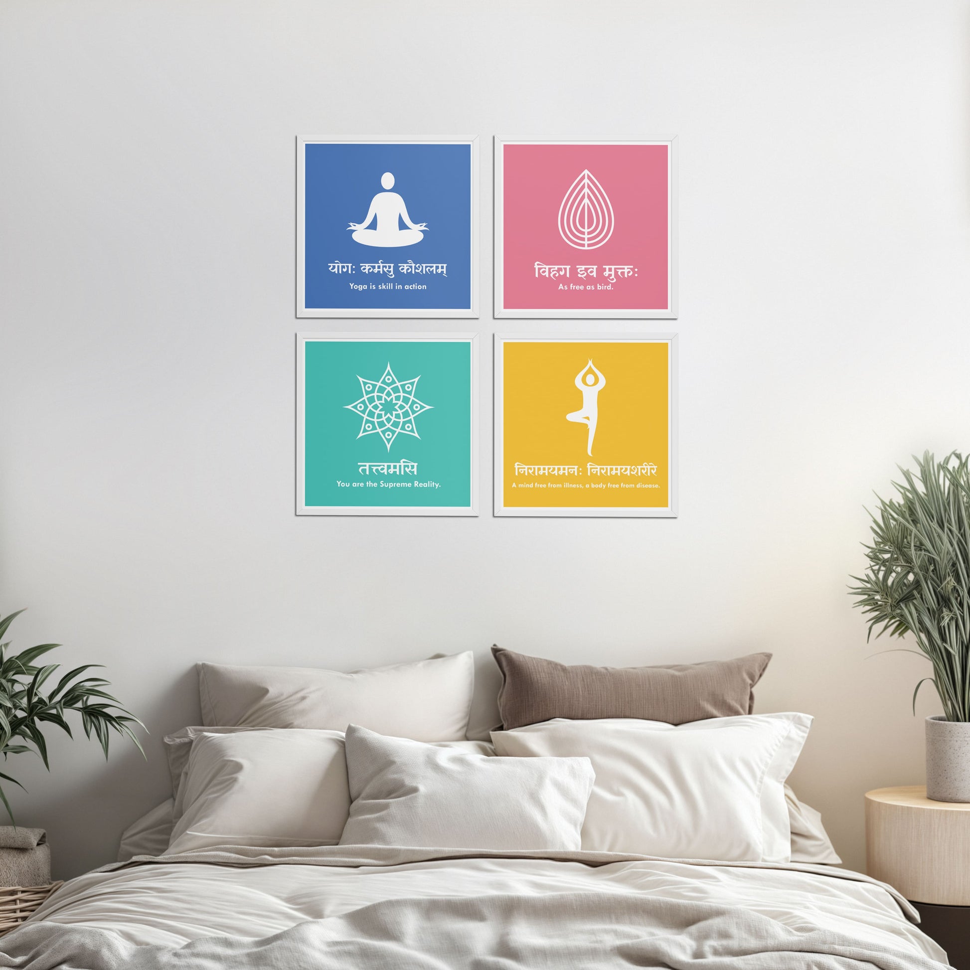 Bed Room Preview of Tranquil Vibes – Yoga and Sanskrit Motivational Set of 4 Frames in White Color Frame
