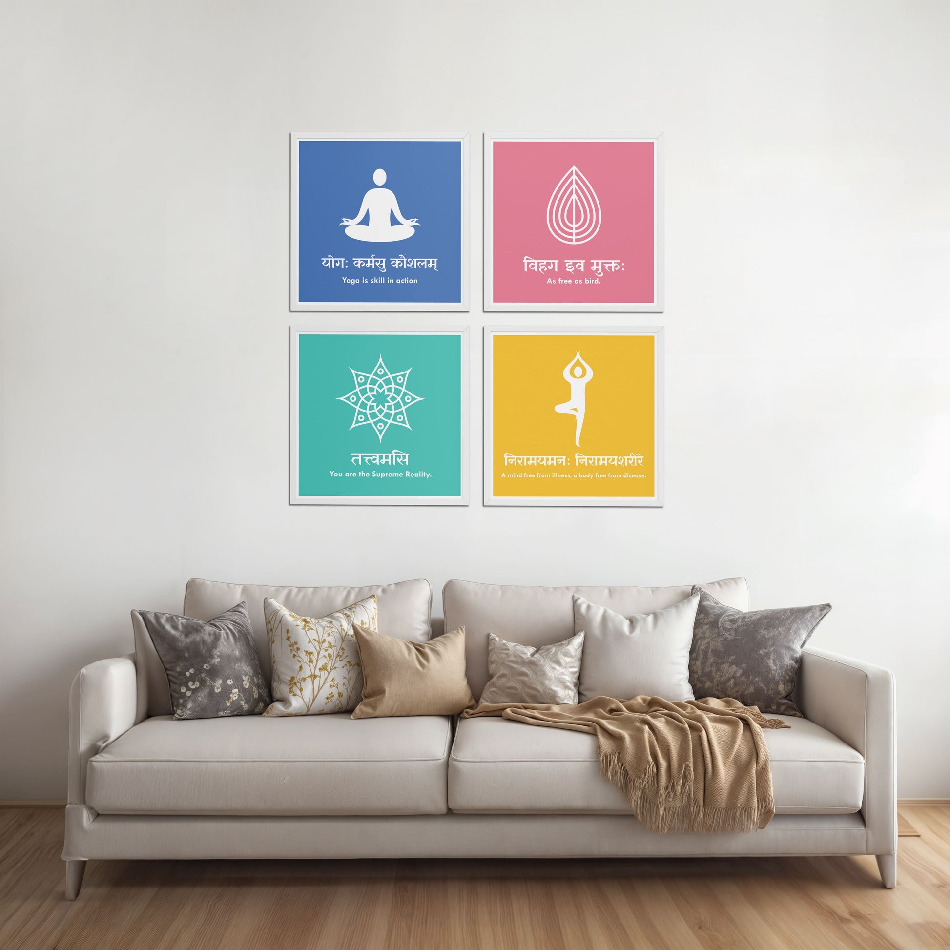 Living Room Sofa Preview of Tranquil Vibes – Yoga and Sanskrit Motivational Set of 4 Frames in White Color Frame
