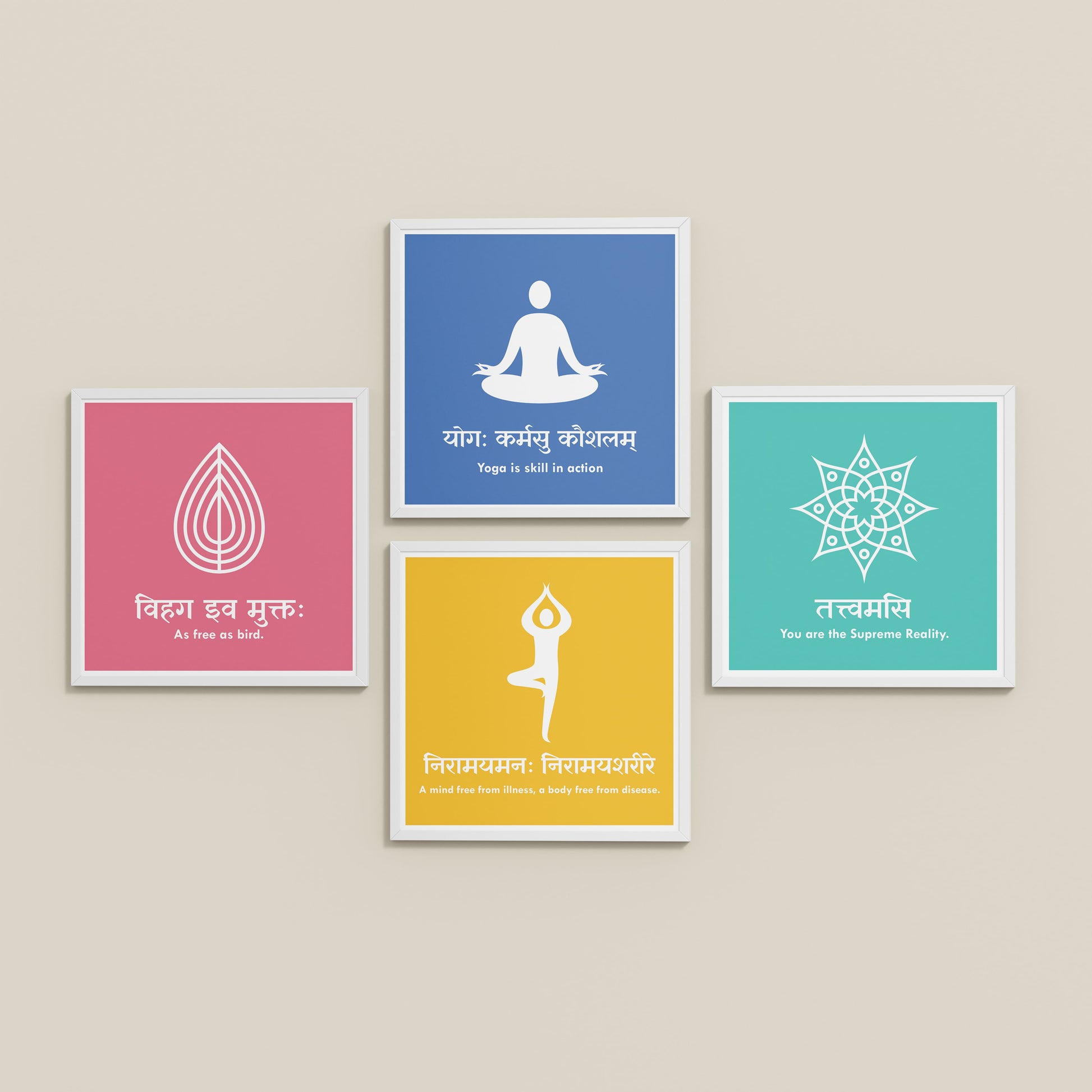 Inclined Floor View of Tranquil Vibes – Yoga and Sanskrit Motivational Set of 4 Frames in White Color Frame