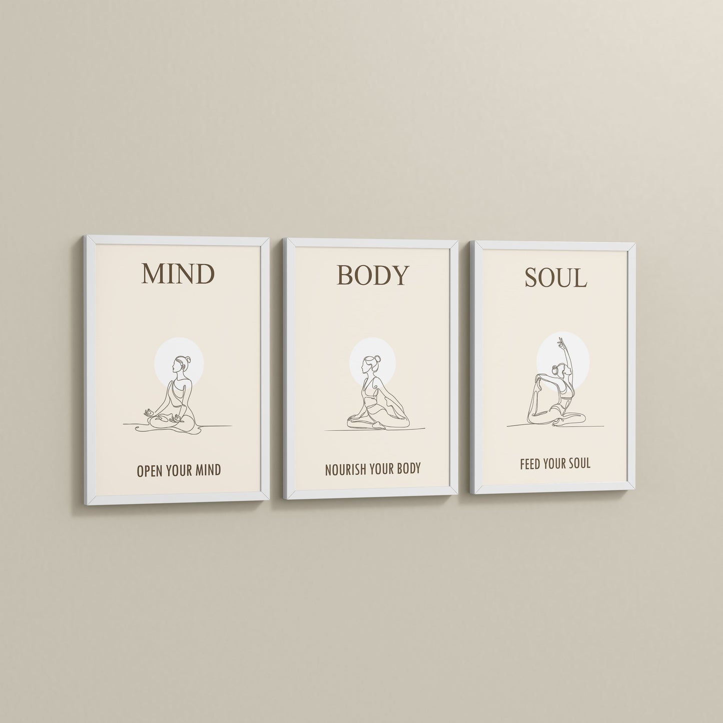 Side View of Mind, Body & Soul – Yoga Wall Art Set of 3 Frames in White Color Frame