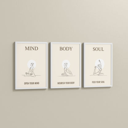 Side View of Mind, Body & Soul – Yoga Wall Art Set of 3 Frames in White Color Frame